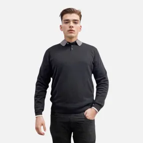 Men’s Lightweight Contrast Polo Collar Sweater Black | Classic Fit