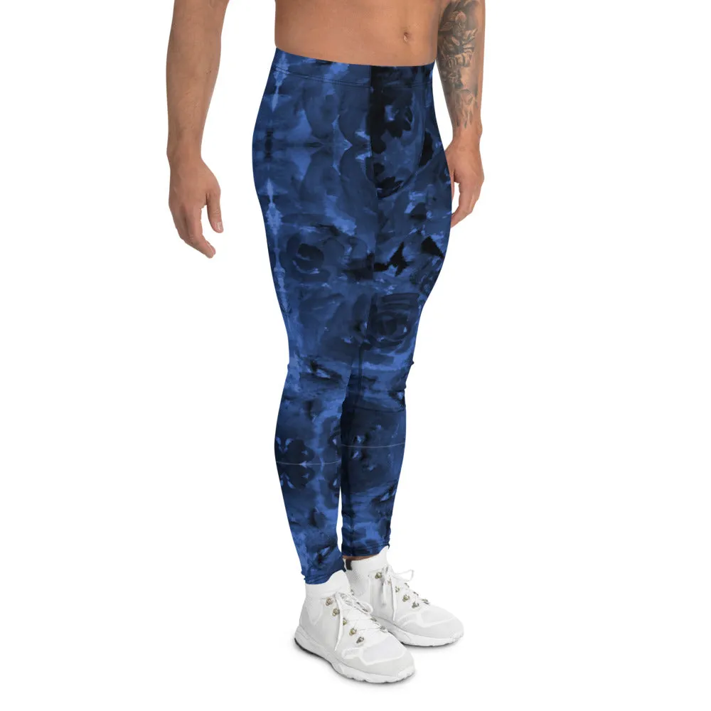 Navy Blue Abstract Men's Leggings, Floral Print Designer Meggings Luxury Running Tights For Men - Made in USA/EU/MX