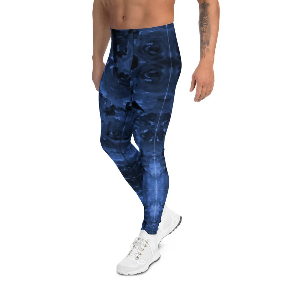 Navy Blue Abstract Men's Leggings, Floral Print Designer Meggings Luxury Running Tights For Men - Made in USA/EU/MX