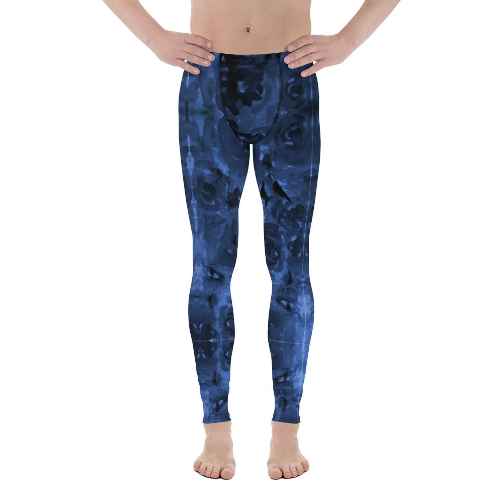 Navy Blue Abstract Men's Leggings, Floral Print Designer Meggings Luxury Running Tights For Men - Made in USA/EU/MX