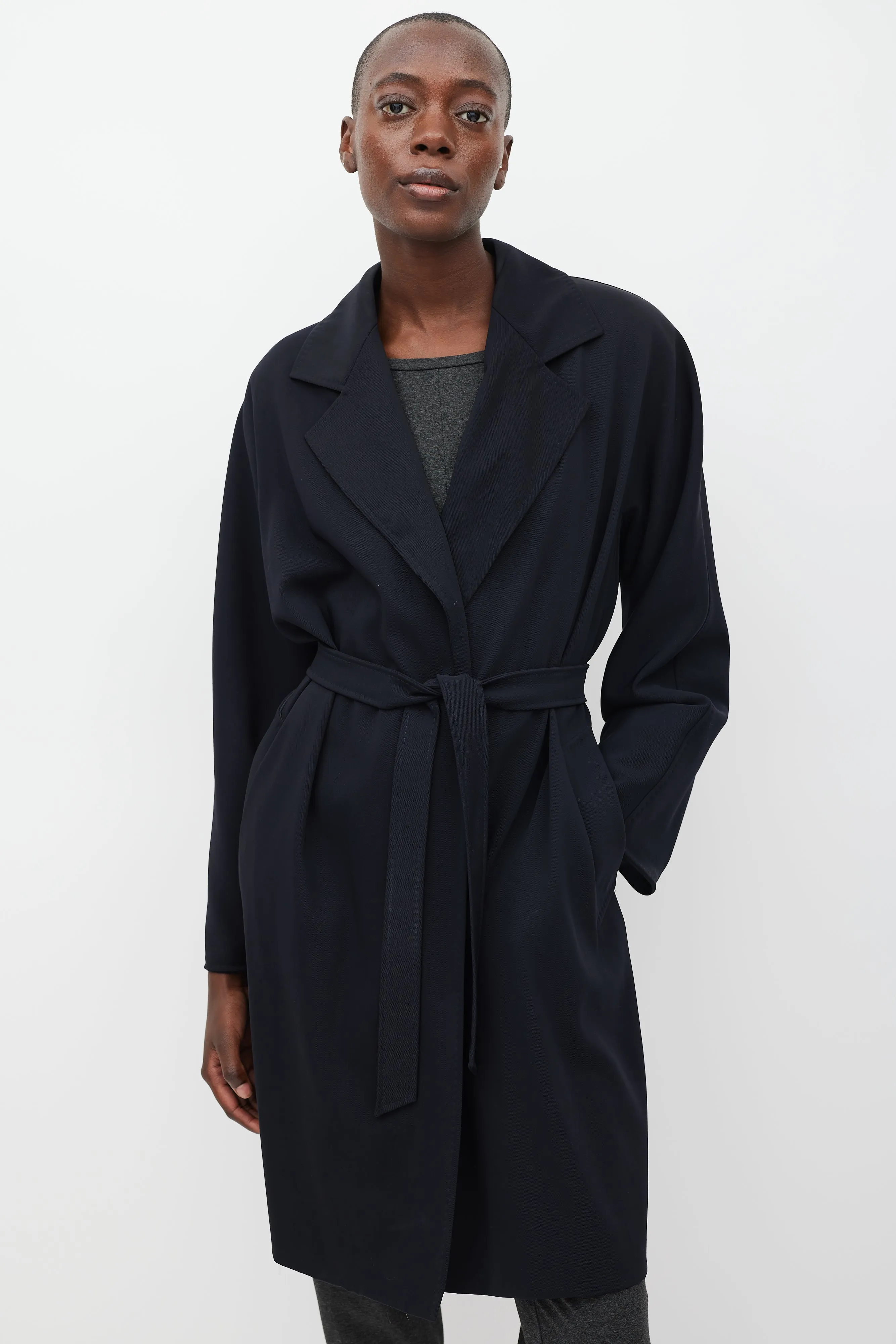 Navy Wool Belted Trench Coat