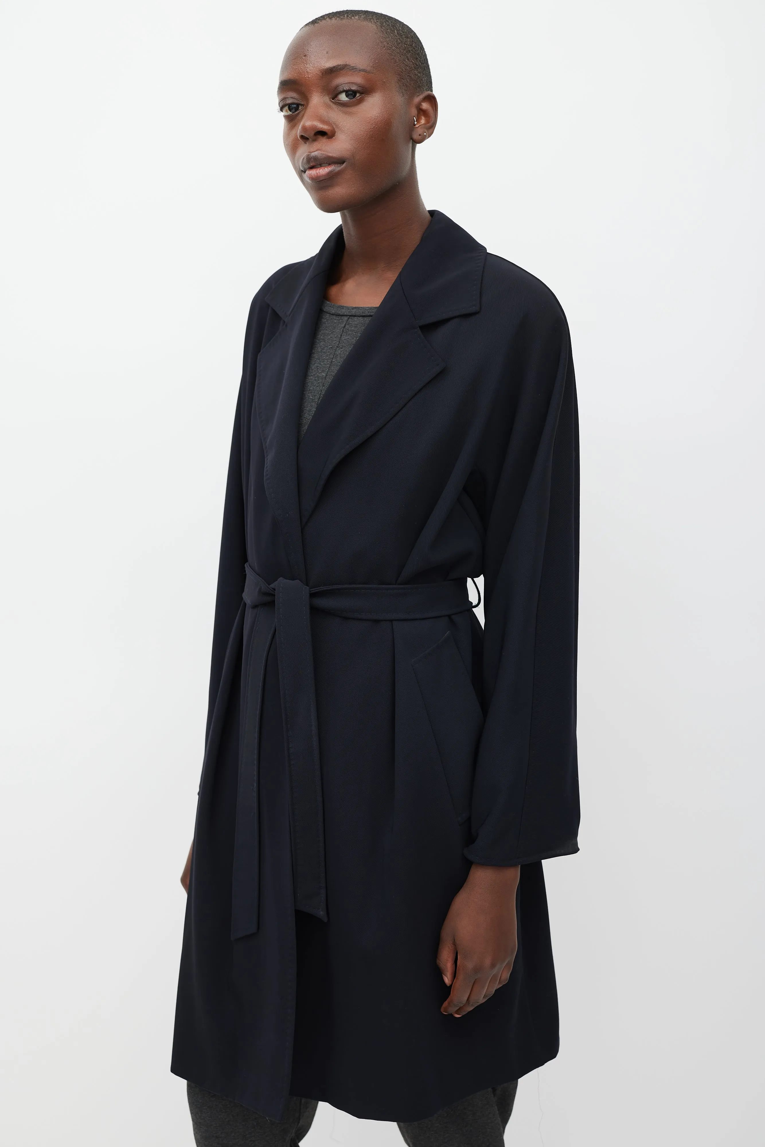 Navy Wool Belted Trench Coat