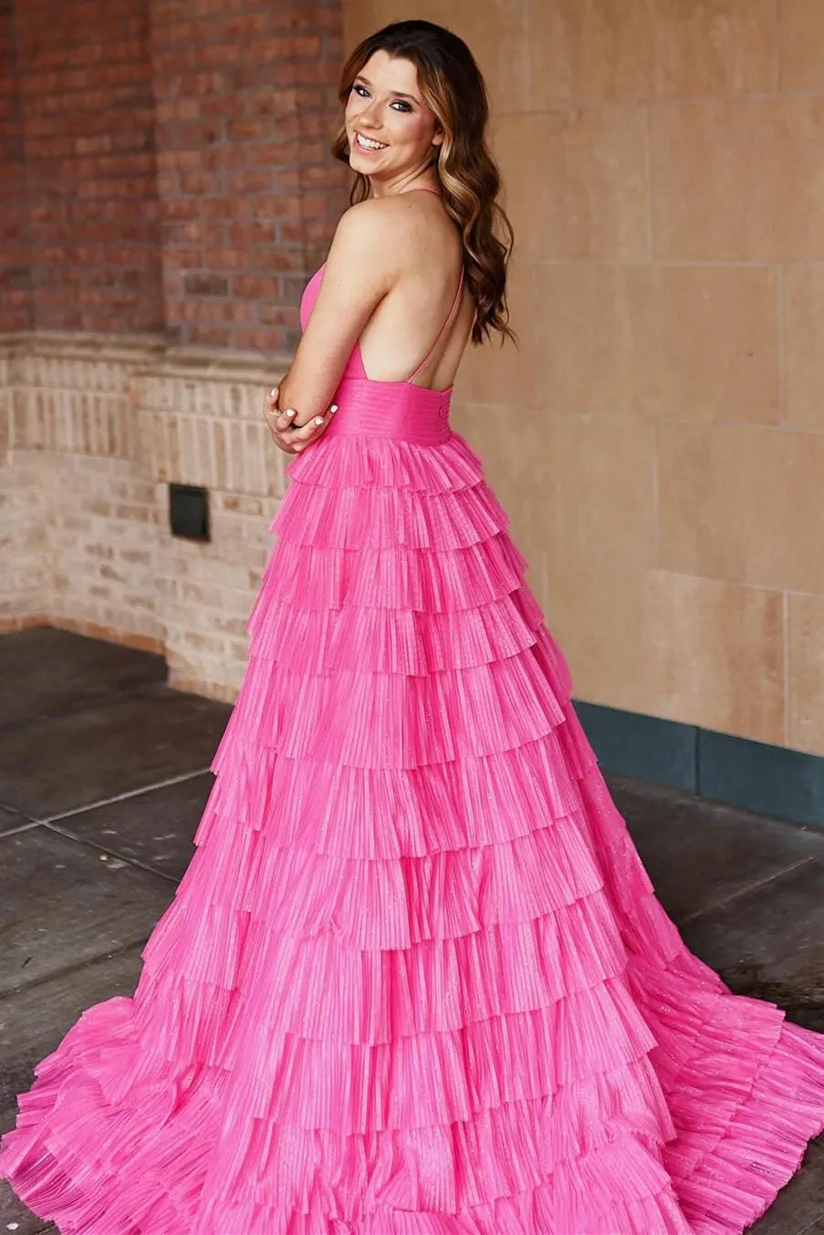 Nebula | Pleated Fuchsia Straps Ruffle Layered Formal Dress