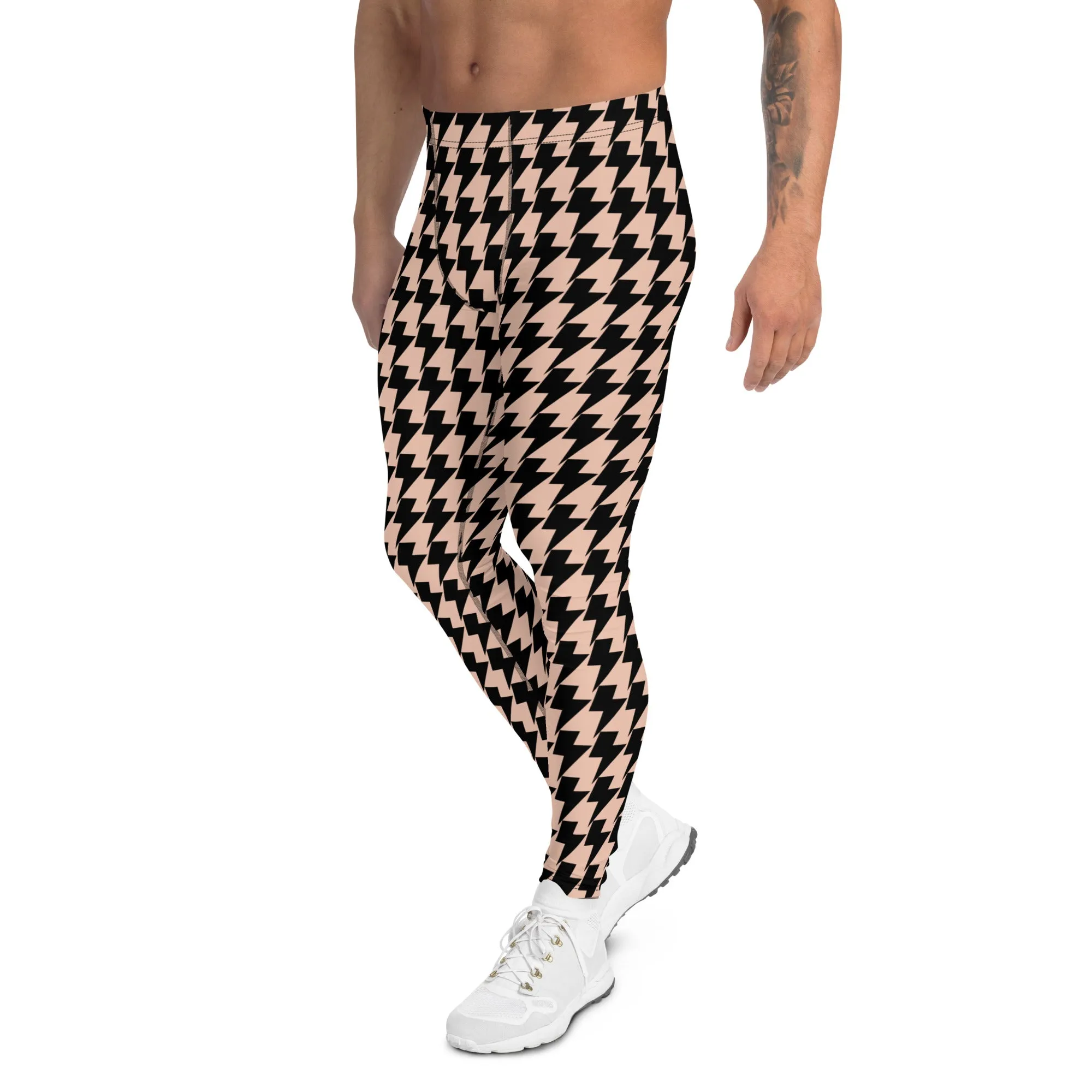 Nude Lightning Best Men's Leggings, Lightning Pattern Abstract Designer Running Compression Tights For Men - Made in USA/EU/MX