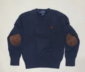 Nwt Kids Polo Ralph Lauren Navy with Red Pony Suede Elbow Patch Small Pony V-Neck Sweater (8-20)