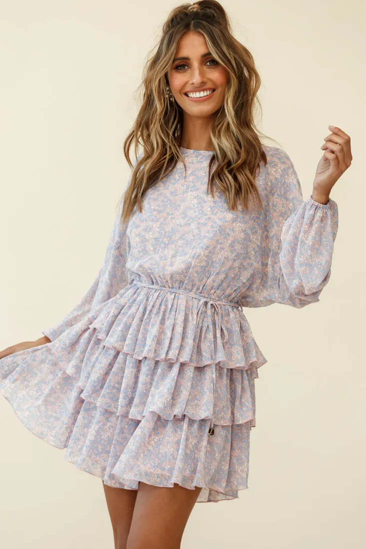 Odessa Long Sleeve Layered Ruffle Dress Flower Pattern Pink