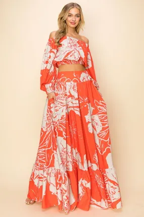 Orange Off Shoulder Top And Maxi Skirt Set