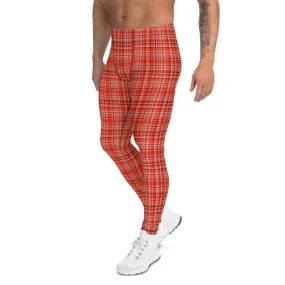 Orange Red Plaid Men's Leggings, Tartan Print Premium Compression Tights-Made in USA/EU