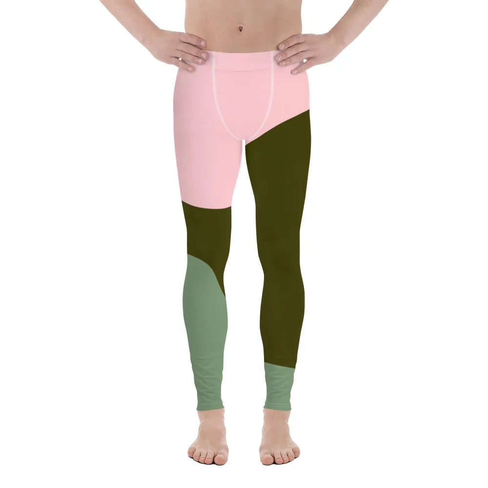 Pink Green Abstract Men's Leggings, Abstract Artsy Designer Meggings Compression Tights-Made in USA/EU