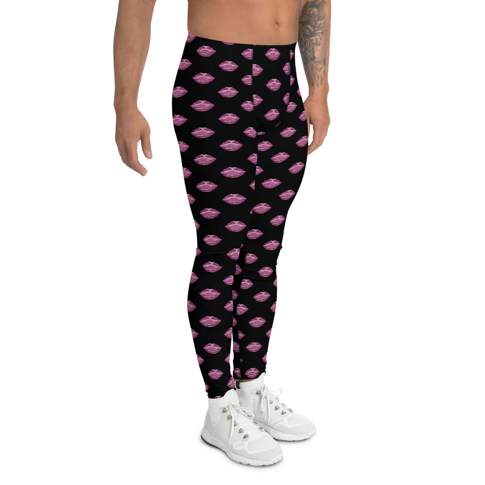 Pink Kiss Men's Leggings, Sexy Lips Meggings Run Compression Tights-Made in USA/EU