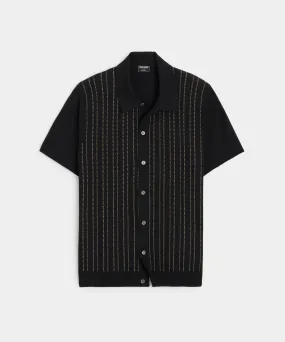 Pinstripe Full-Placket Polo in Black