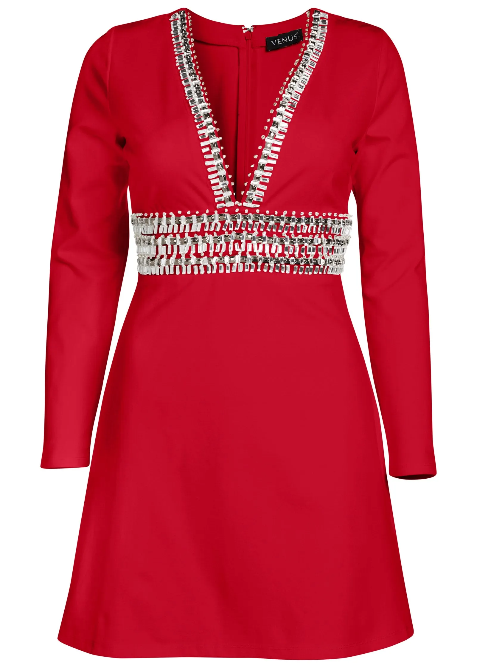 Plunging Embellished Dress - Red