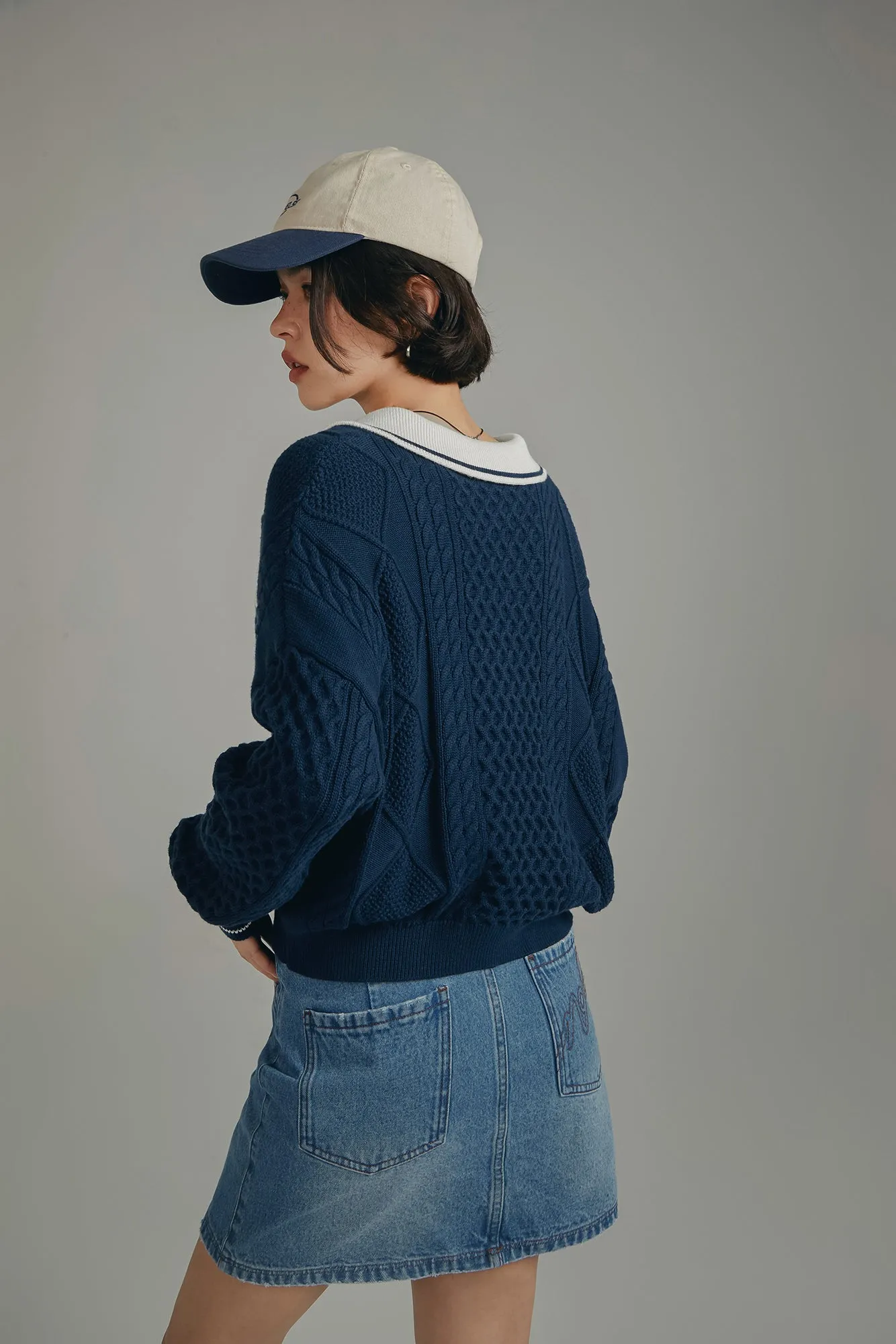 Polo Neck Color Varsity Knit Sweater