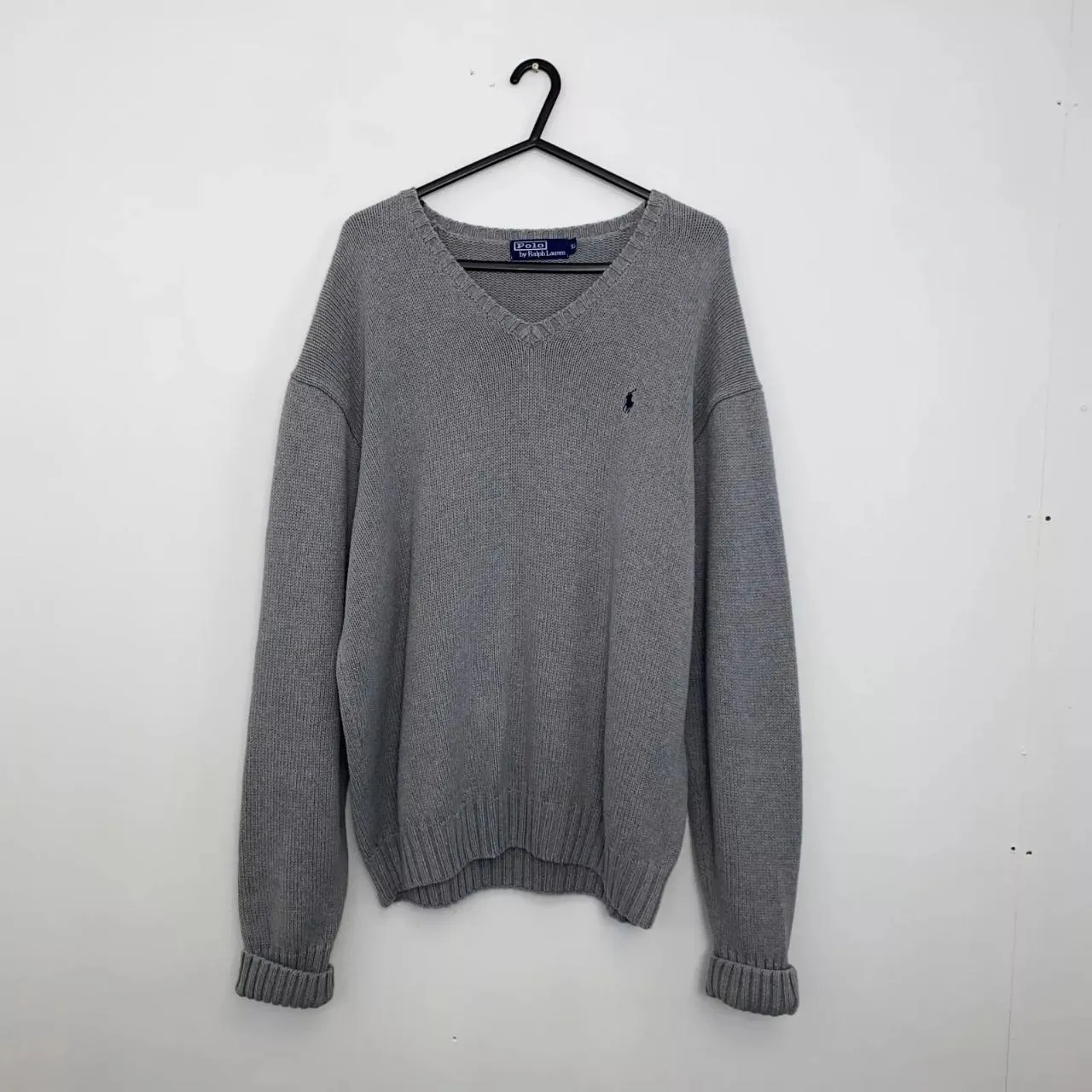 Preowned Vintage Polo Ralph Lauren Mens Heavy Knit Jumper Size XL Grey V-Neck Sweater