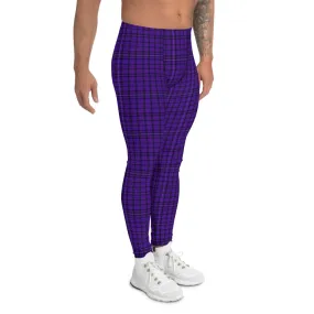 Purple Plaid Print Men's Leggings, Tartan Preppy Scottish Style Meggings Compression Tights