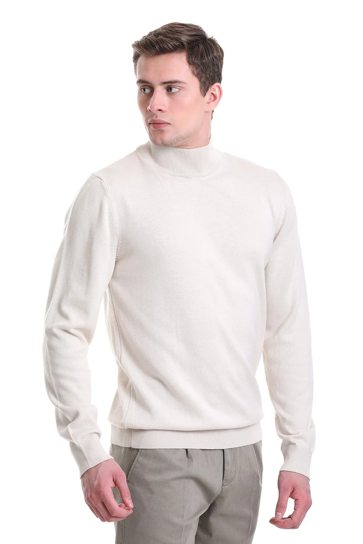 Regular Fit Cotton Blend Stone Mock Neck Sweater