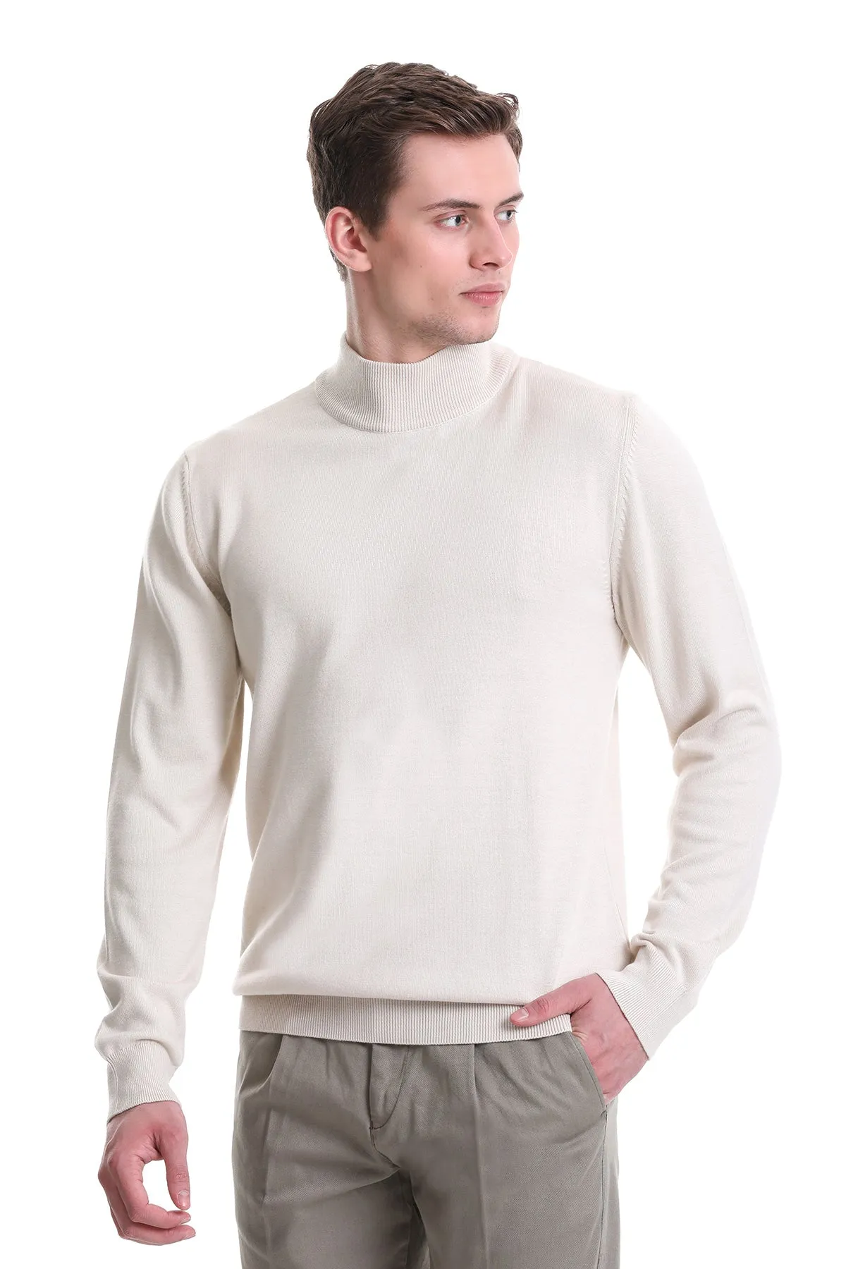 Regular Fit Cotton Blend Stone Mock Neck Sweater