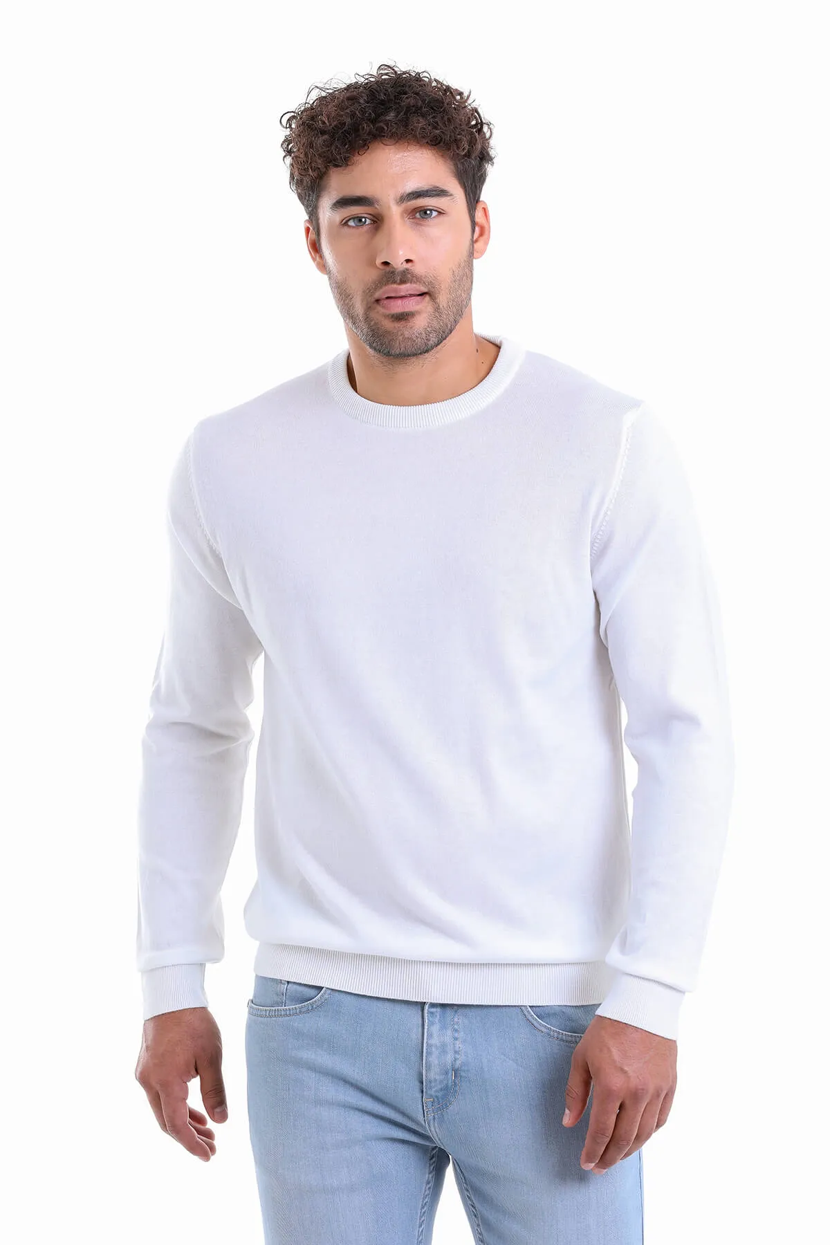 Regular Fit Cotton Ecru Crewneck Sweater