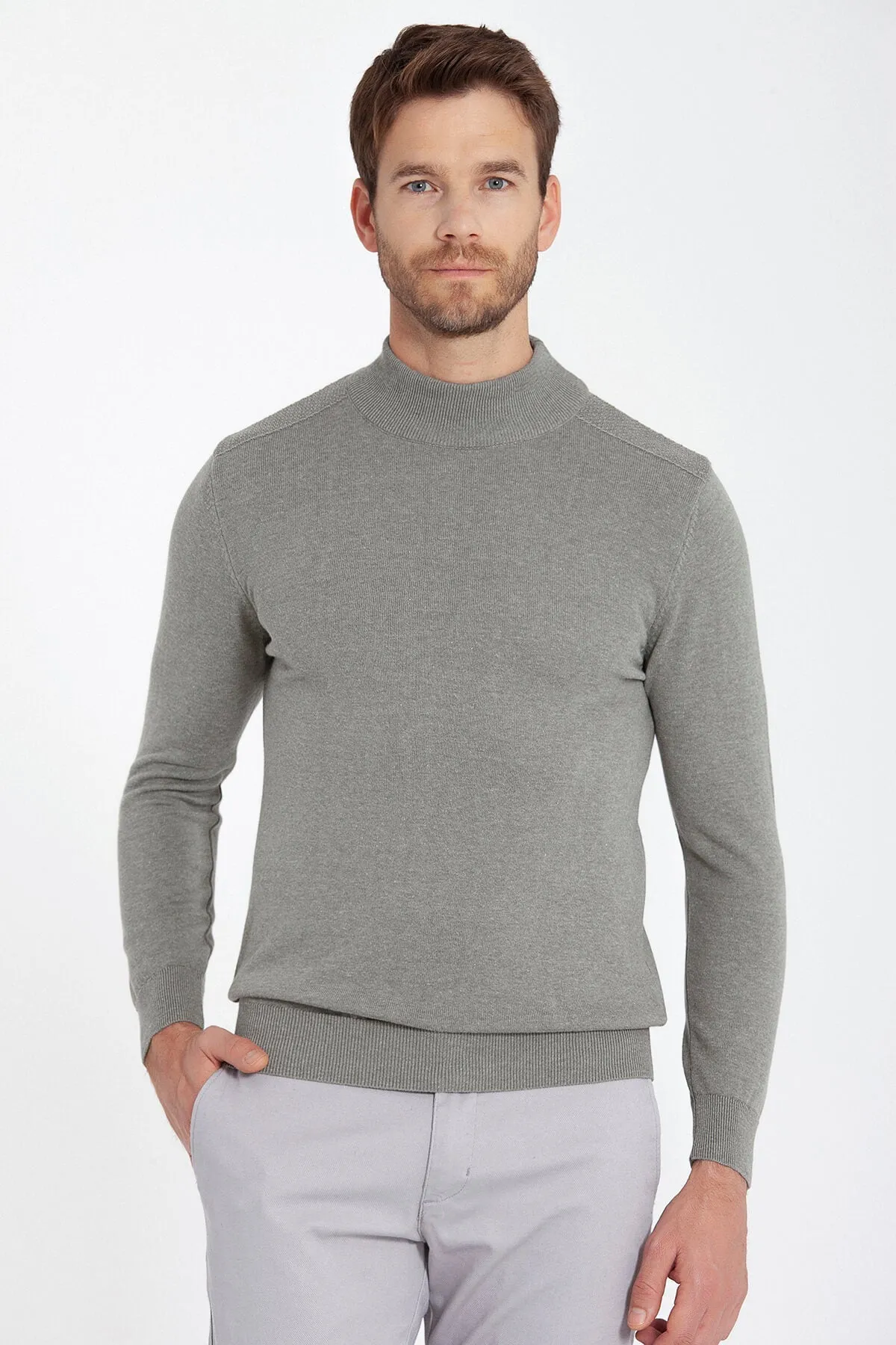 Regular Fit Patterned Cotton Blend Gray Mock Neck Sweater, Mold