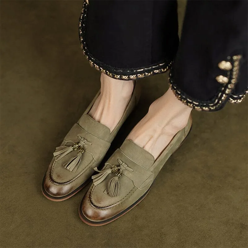 Retro Leather Tassels Loafers for Women Round Toe in Brown/Green