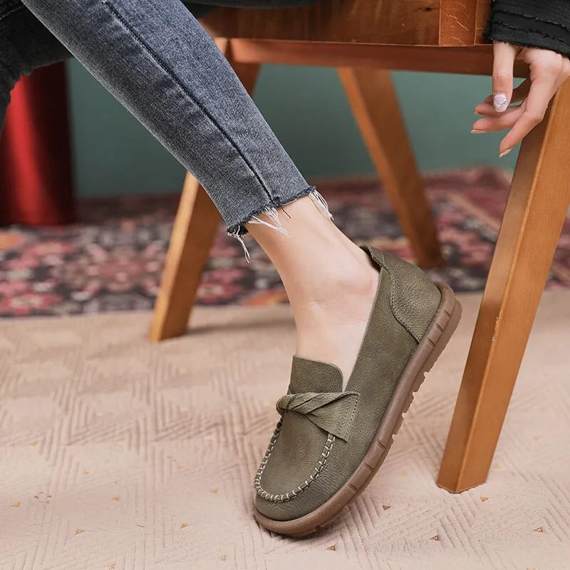 Round Toe Soft Leather Loafers for Women in Green/Coffee