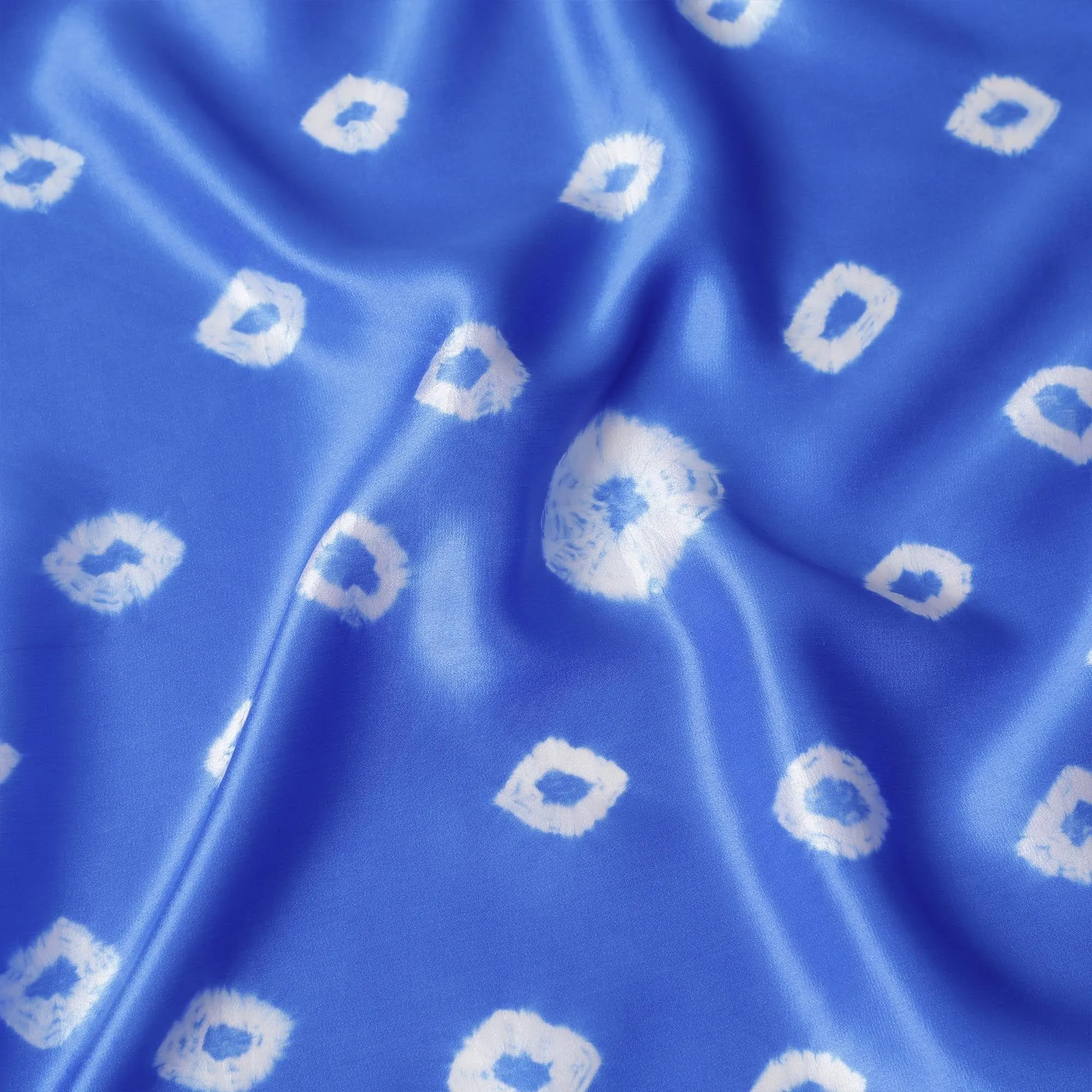 Royal blue premium pure silk satin fabric with off white print in geometric design-D13259