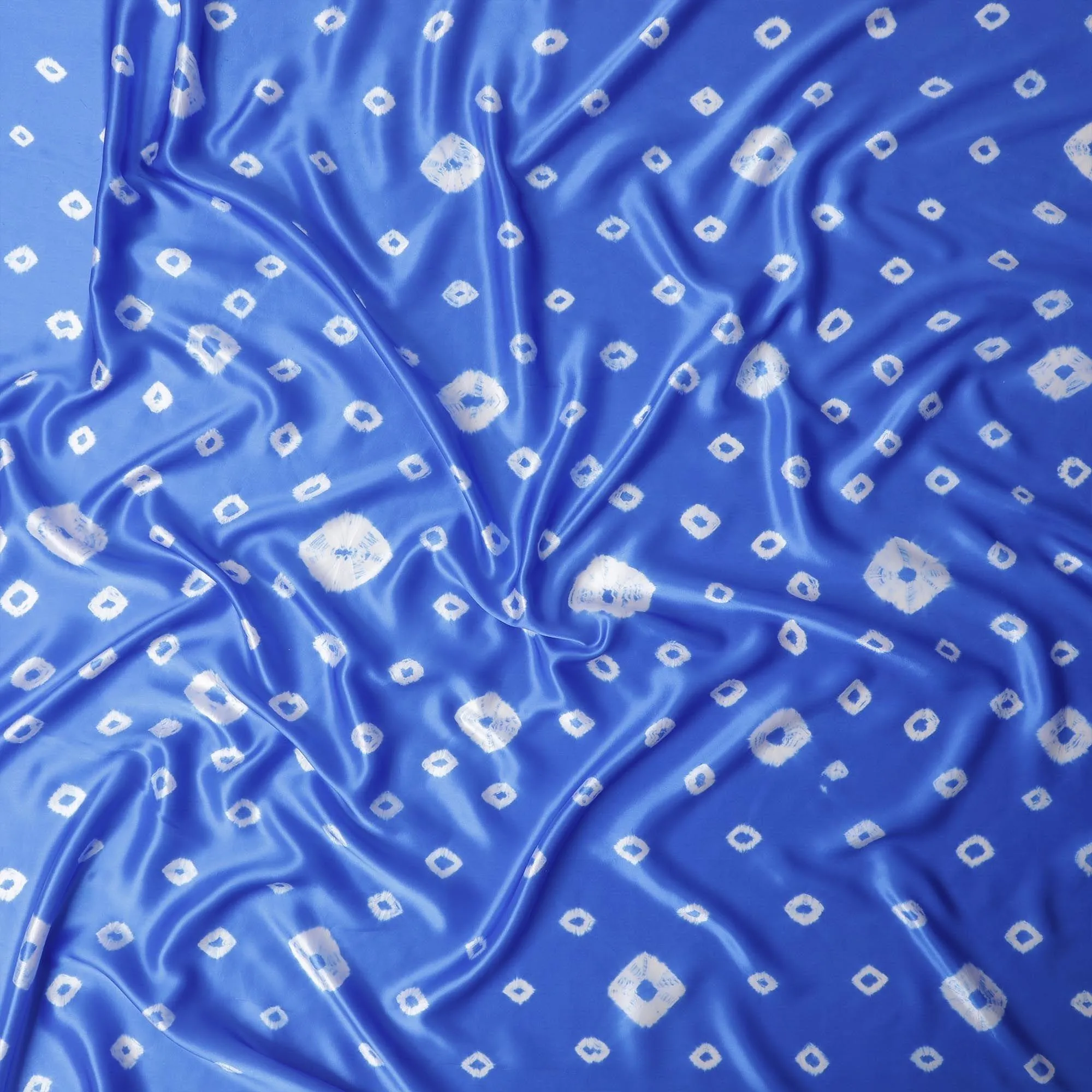 Royal blue premium pure silk satin fabric with off white print in geometric design-D13259