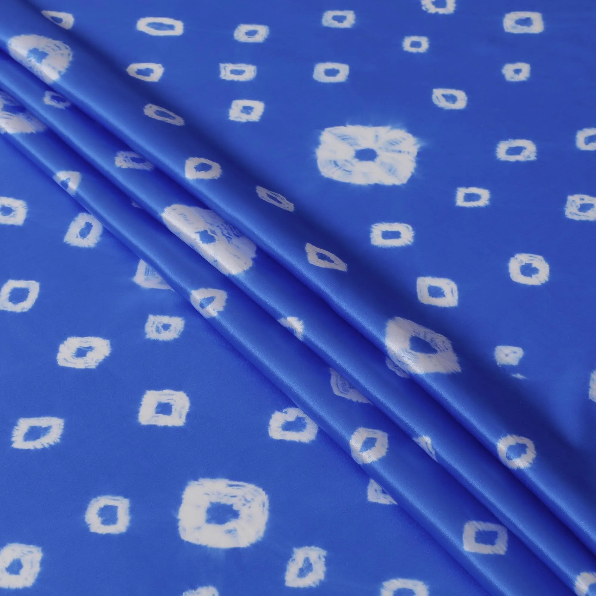 Royal blue premium pure silk satin fabric with off white print in geometric design-D13259