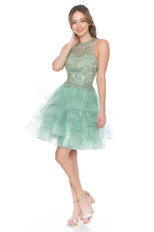 Sage Halter Embroidery Match Tiered Short Dress