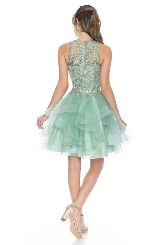 Sage Halter Embroidery Match Tiered Short Dress