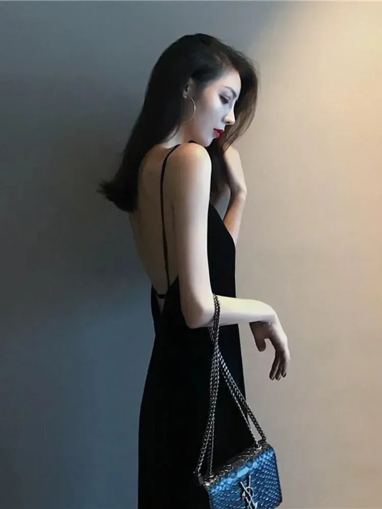 Sexy Night Club Black Slip Dress Split Backless Off Shoulder Spaghrtti Strap Party Evening Dresses  Summer