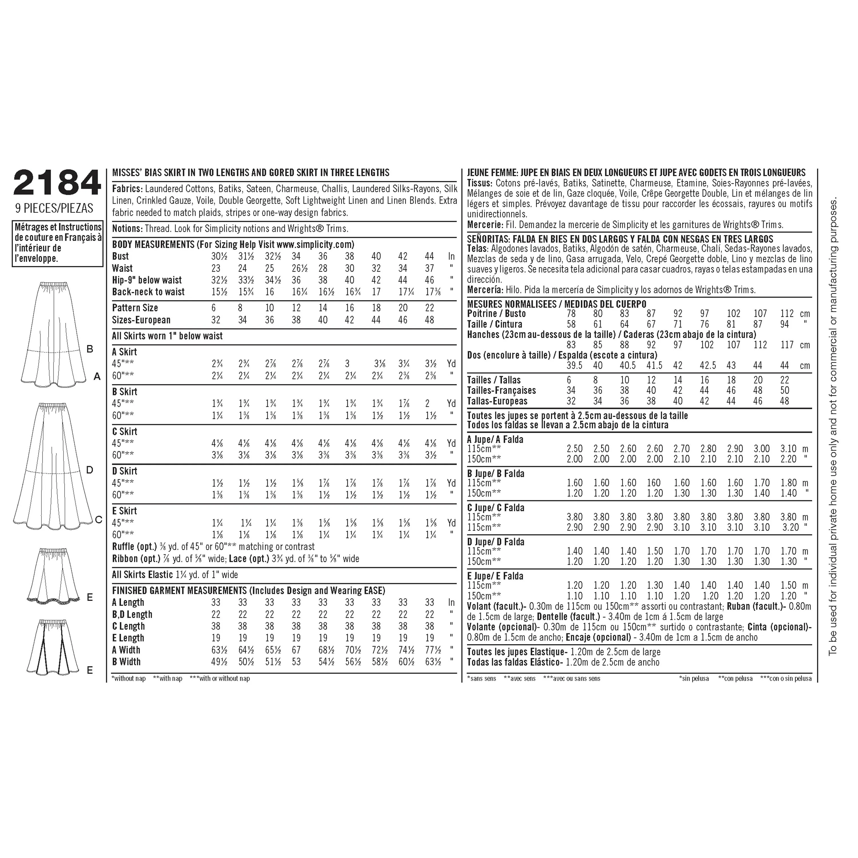 Simplicity Pattern 2184  Women's Skirts