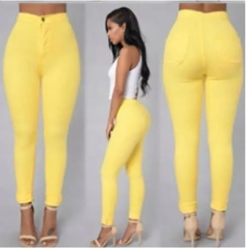 Solid Color High Waist Back Pocket Skinny Stretch Jeans