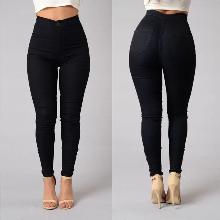 Solid Color High Waist Back Pocket Skinny Stretch Jeans