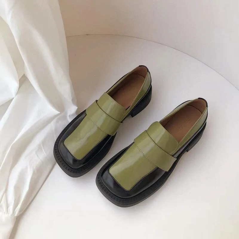 Square Toe Leather Penny Loafers for Women Color Blocking in Green/Brown/White