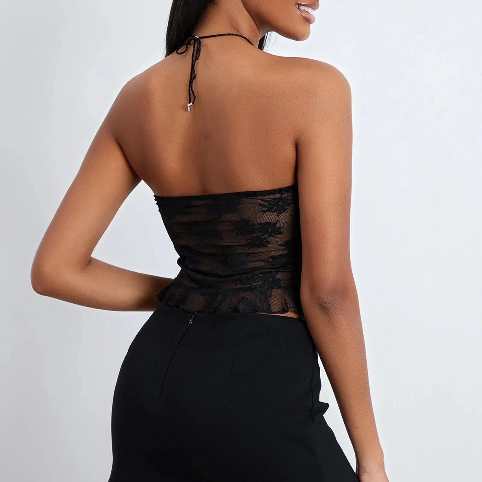 Strapless Tube Lace Mesh See Through Summer Backless Bandeau Streetwear Tank Women Top