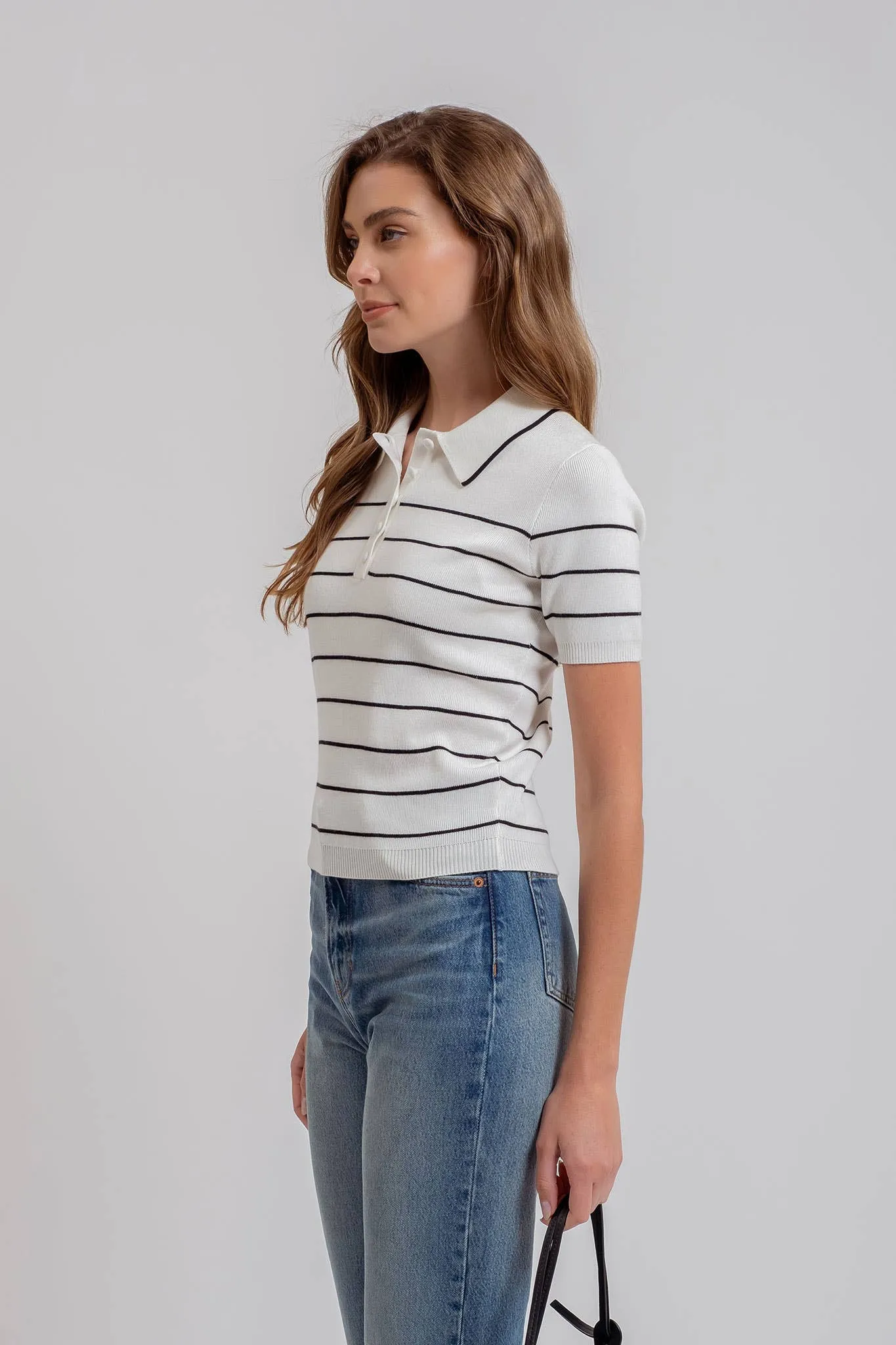 STRIPE COLLARED SHORT SLEEVE KNIT POLO