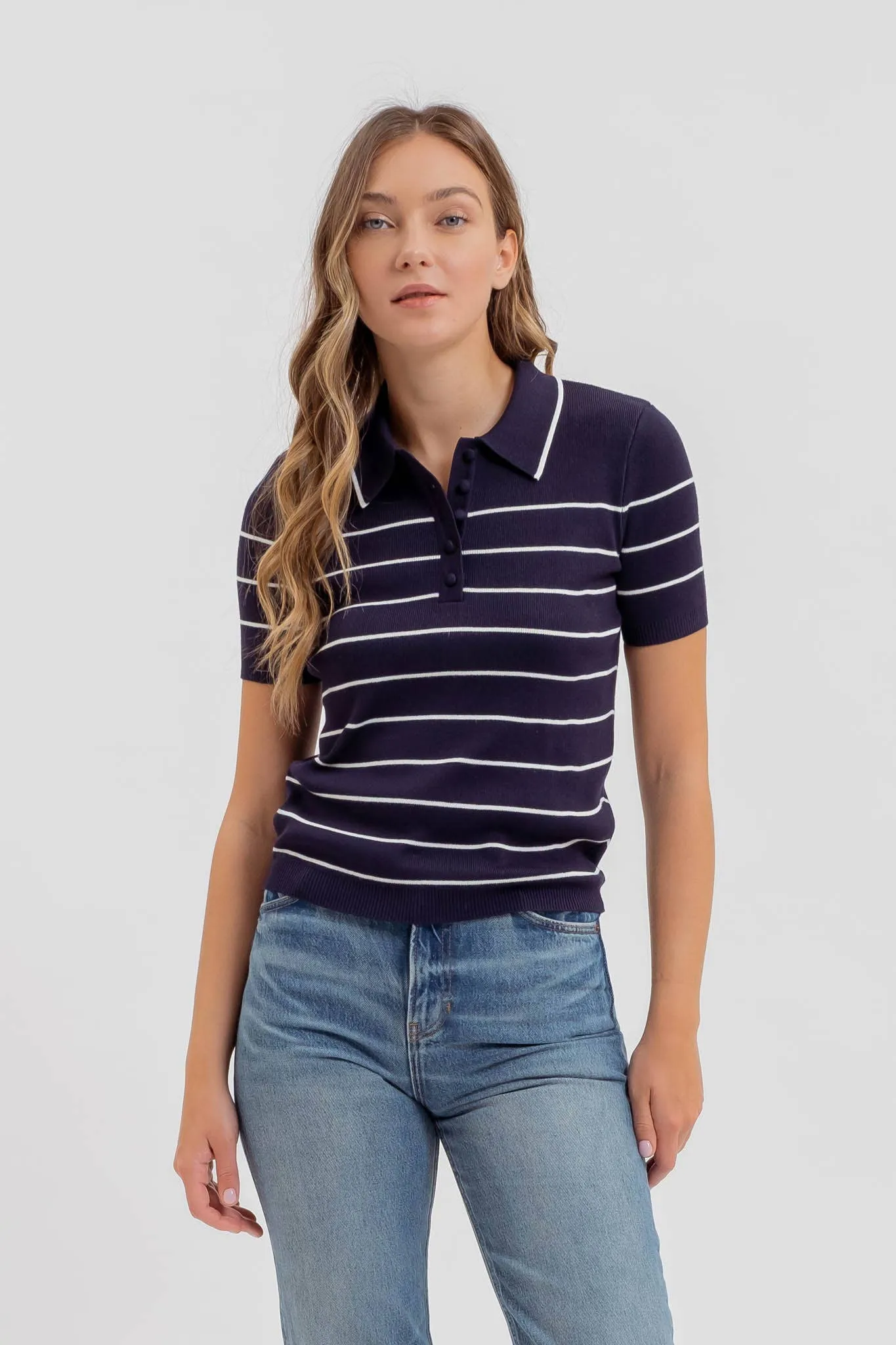 STRIPE COLLARED SHORT SLEEVE KNIT POLO