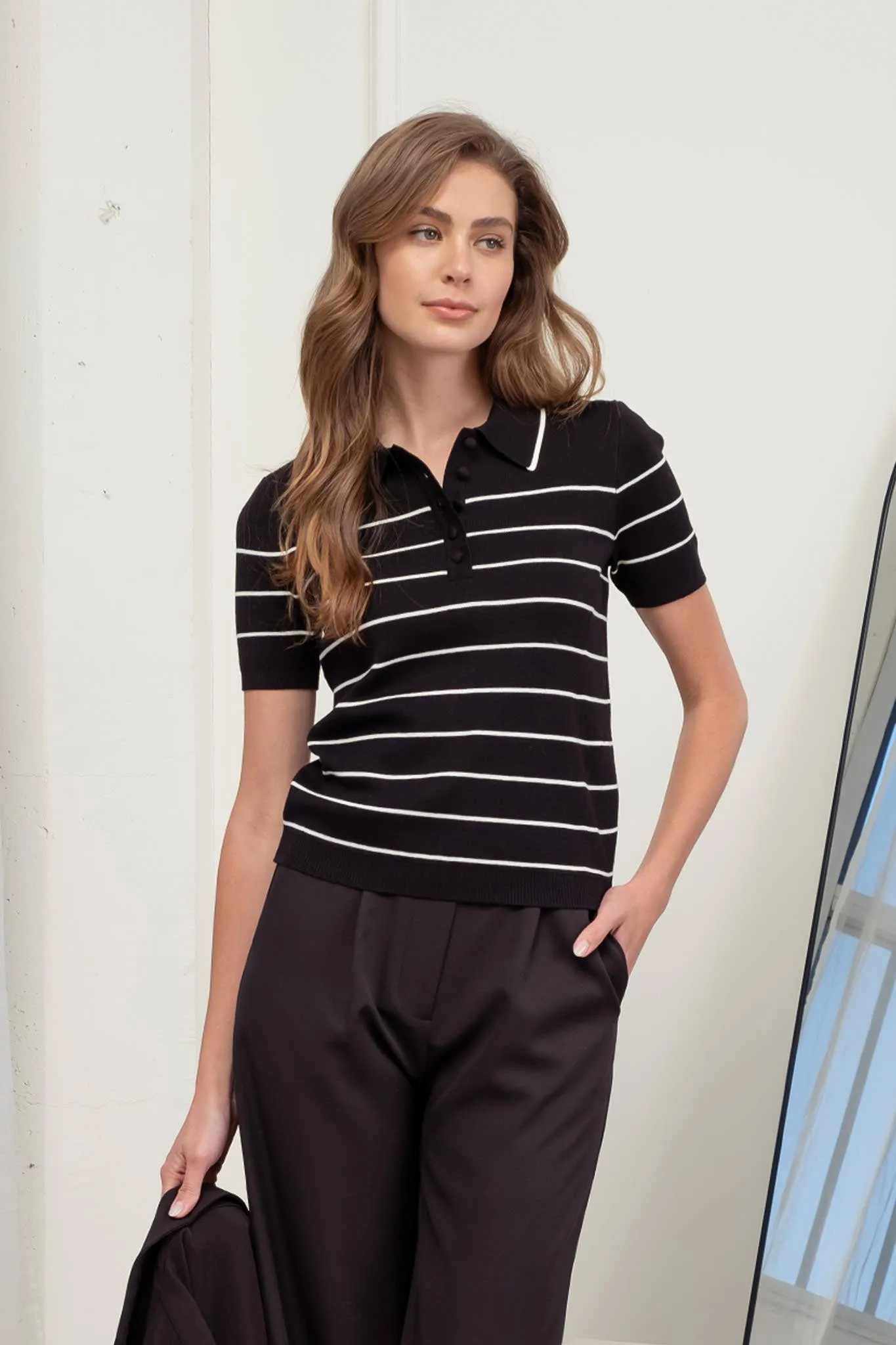 STRIPE COLLARED SHORT SLEEVE KNIT POLO