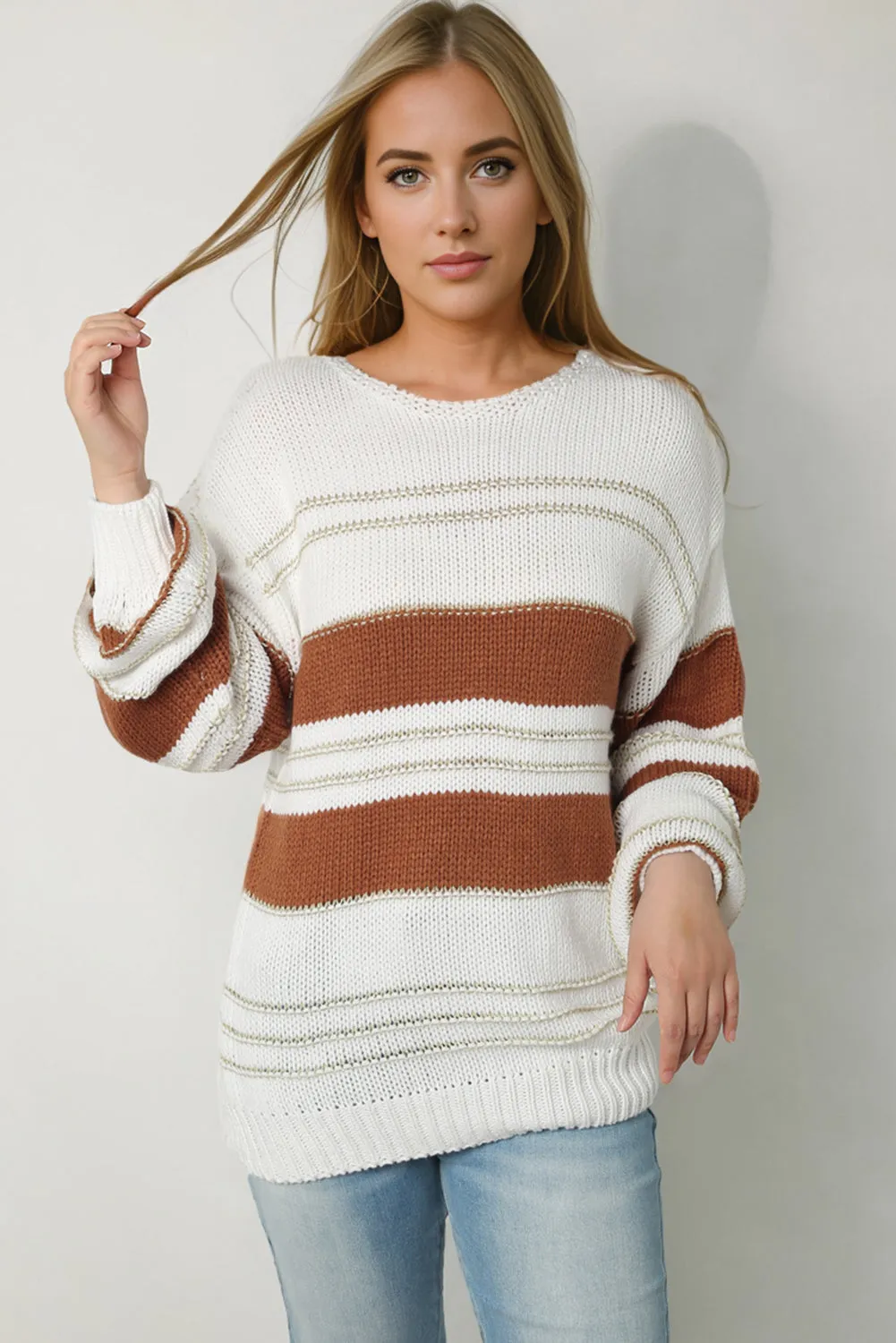 Striped Round Neck Dropped Shoulder Sweater | Cozy Sweater | Sweater Weather