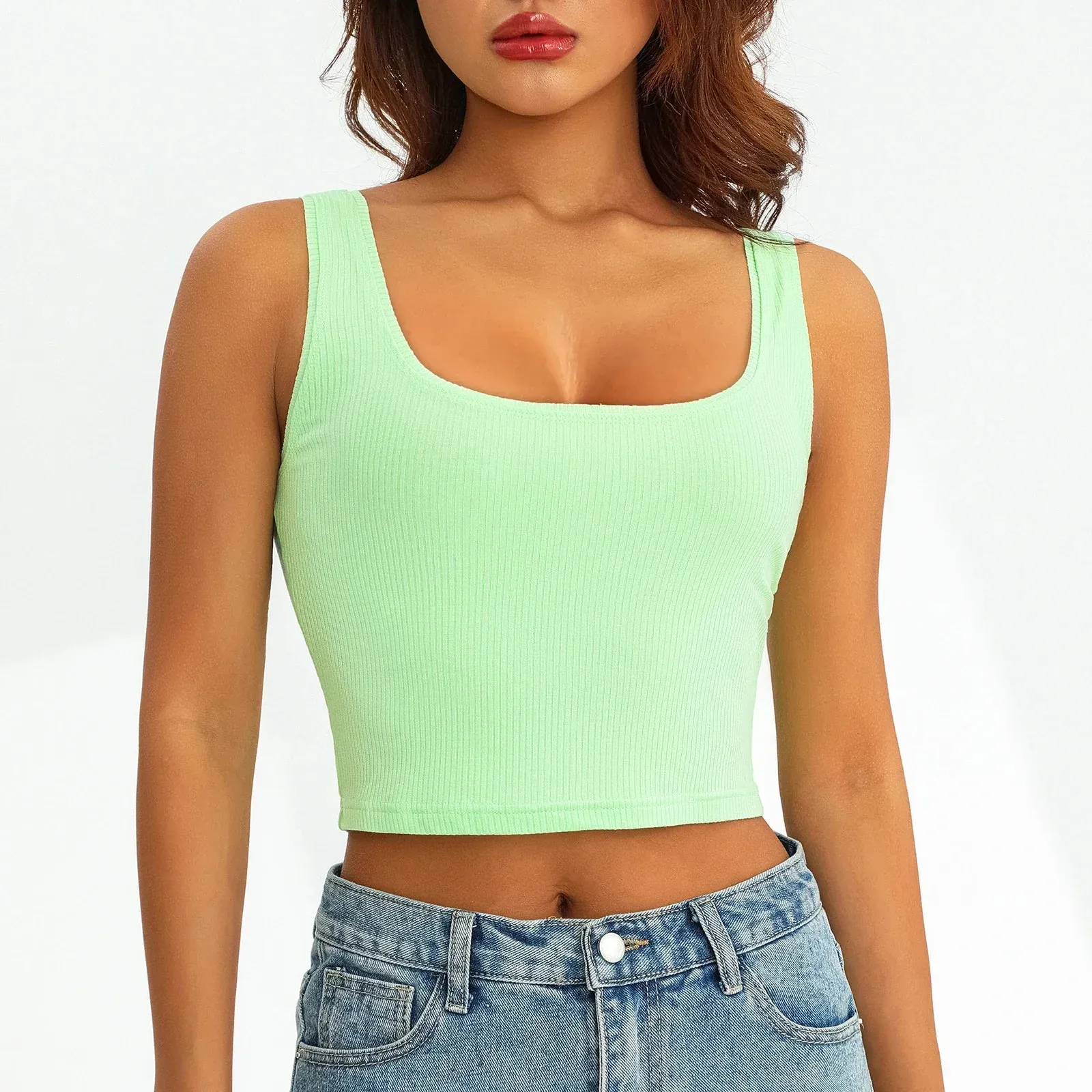 Summer Basic Crop Tops Square Neck Solid Color Slim Fit Vest Tank Women Top