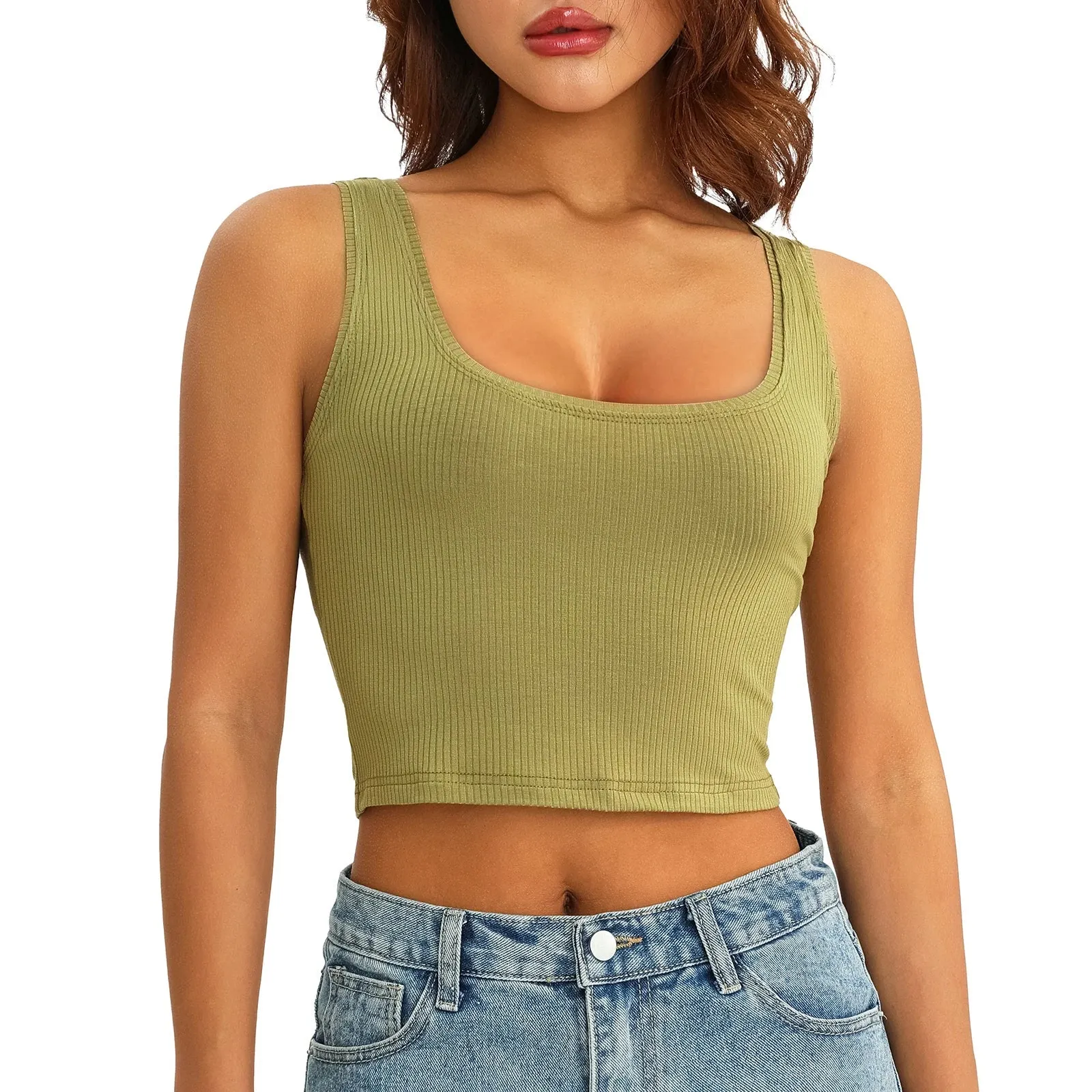 Summer Basic Crop Tops Square Neck Solid Color Slim Fit Vest Tank Women Top