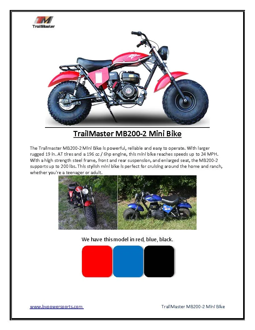 Trailmaster MINI Bike MB200 Front and  Rear Shocks, Torque Converter, Head Light.  OFF ROAD ONLY, NOT STREET LEGAL