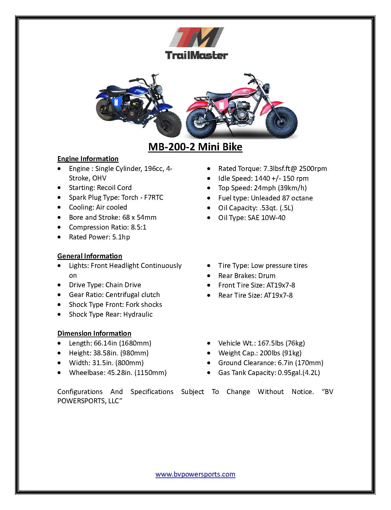 Trailmaster MINI Bike MB200 Front and  Rear Shocks, Torque Converter, Head Light.  OFF ROAD ONLY, NOT STREET LEGAL