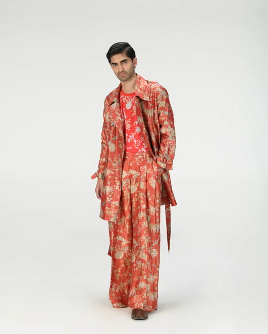 Trench Coat Silk Brocade Red