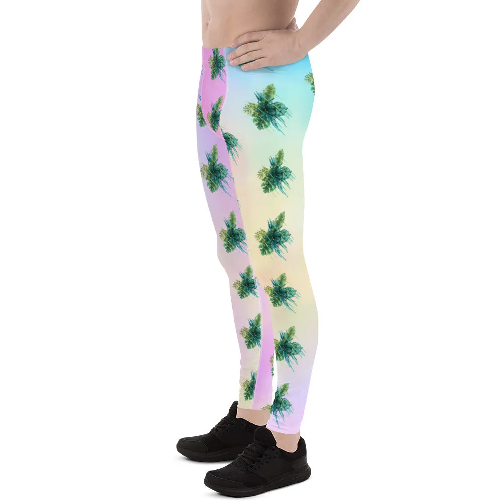 Tropical Leaves Men's Leggings, Green Palm Leaf Men's Sports Running Tights - Made in USA/EU/MX