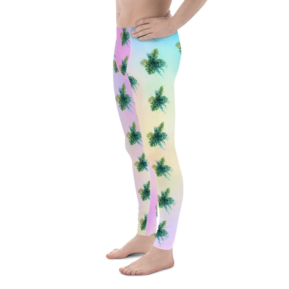 Tropical Leaves Men's Leggings, Green Palm Leaf Men's Sports Running Tights - Made in USA/EU/MX