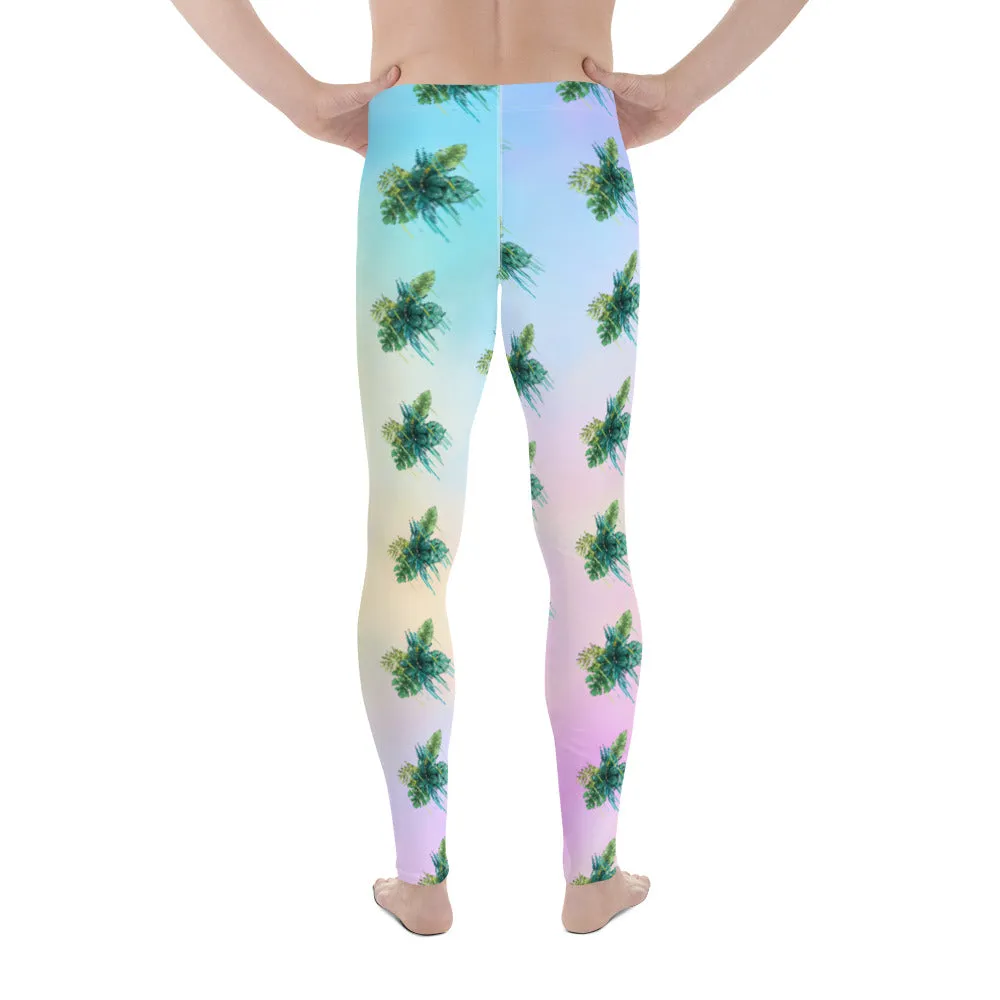 Tropical Leaves Men's Leggings, Green Palm Leaf Men's Sports Running Tights - Made in USA/EU/MX