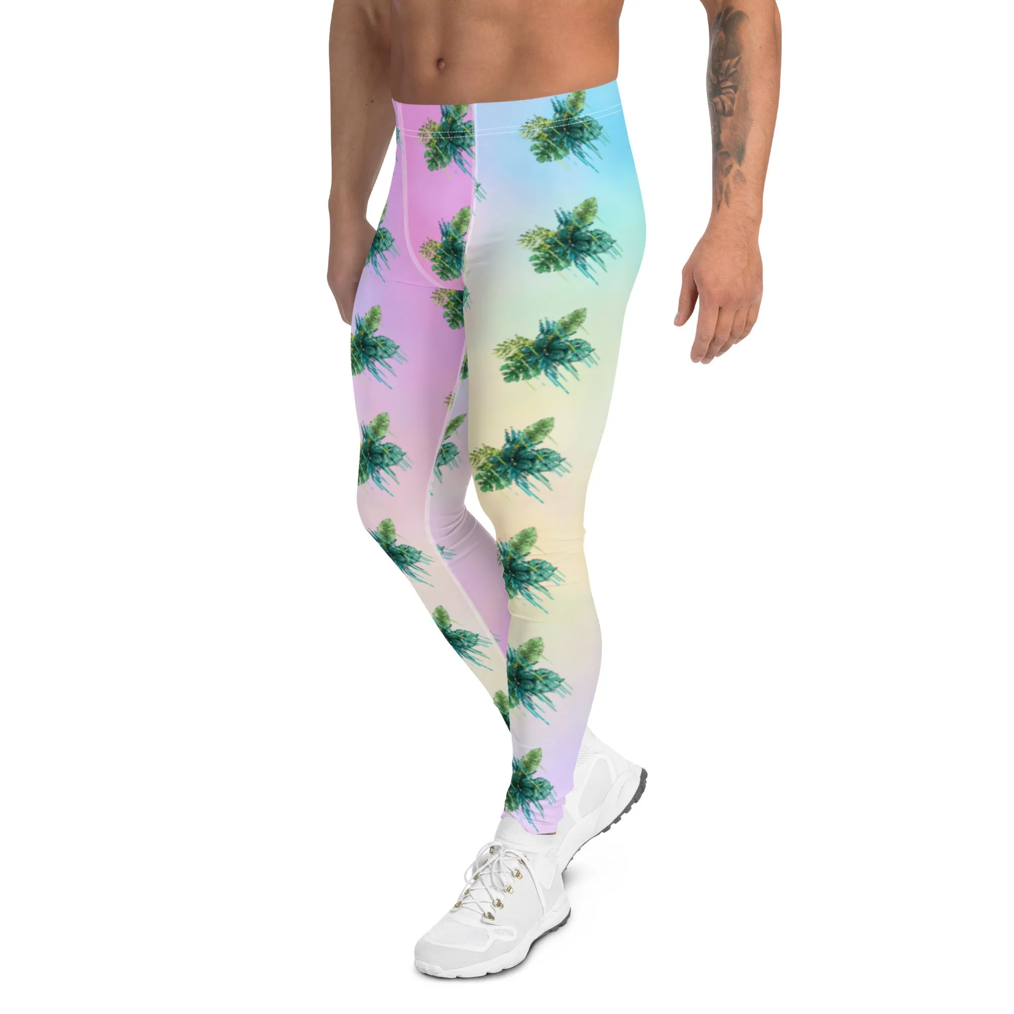 Tropical Leaves Men's Leggings, Green Palm Leaf Men's Sports Running Tights - Made in USA/EU/MX