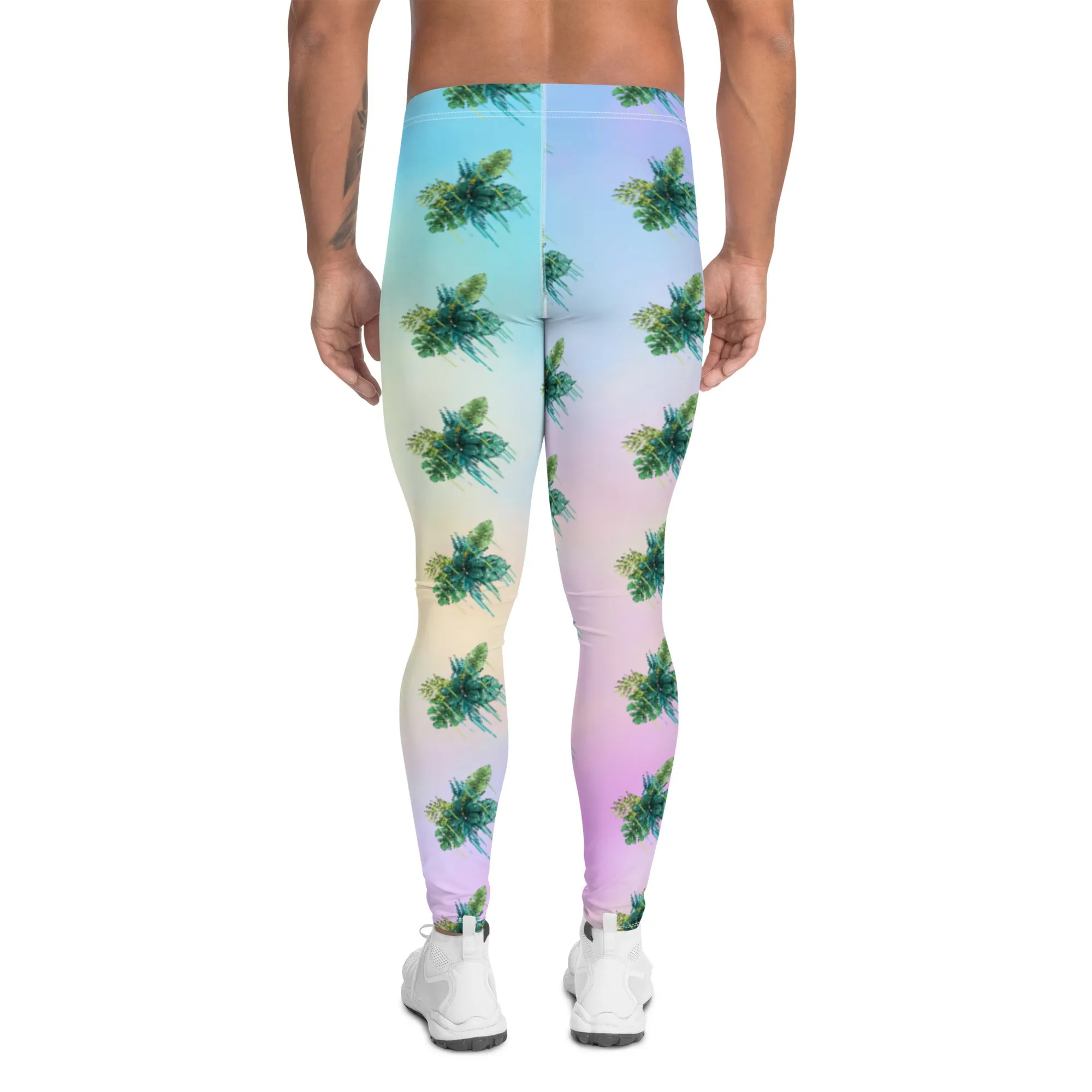 Tropical Leaves Men's Leggings, Green Palm Leaf Men's Sports Running Tights - Made in USA/EU/MX